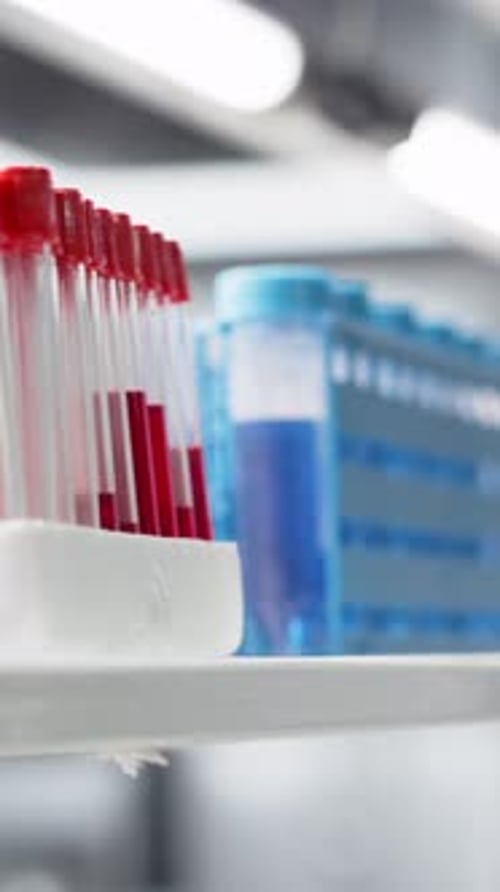 Vertical Video Close Up of Microscope in Lab Next to Computer Monitor Displaying DNA Data