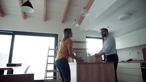 Couple moving into new home with boxes
