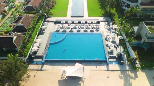 Luxury Resort Overview Showing Swimming Pool Sunbathing Guests Oceanfront Setting with Pristine