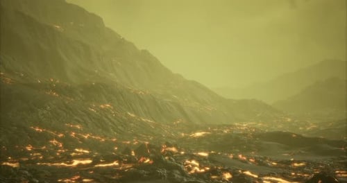 Fiery Lava Flow Illuminating an Alien Landscape in a Volcanic Region