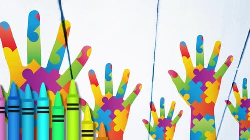 Animation of colourful crayons over hands formed with puzzles