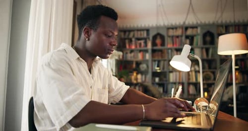 Education, college student or typing on laptop in home for research proposal