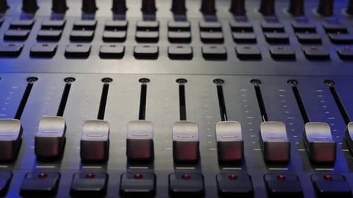 Soundboard Pads Station Closeup Sound Designer Use Digital Audio Mixer in Production Studio Sound