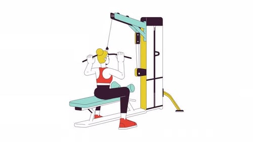 Woman pulling bar down on lat pulldown machine line cartoon animation