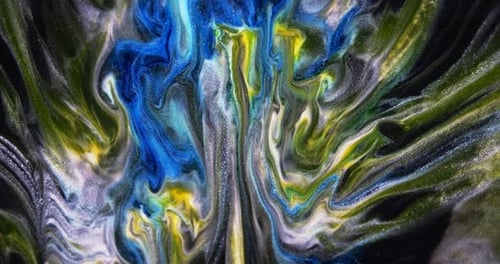 Abstrakter einzigartiger beweglicher Hintergrund mit blauer gelber Farbe auf schwarzem Untergrund, flüssige Kunst