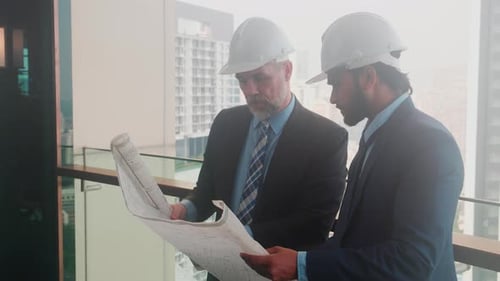Engineers Reviewing Blueprints on High-Rise Balcony