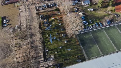 Aerial drone footage of famous air force museum with old military airplanes and aircraft. National A