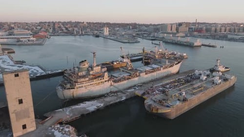 Aerial view of a docked ship