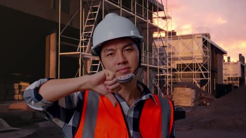 Asian Male Engineer Showing Thumbs Down Gesture And Shaking His Head At Building Site