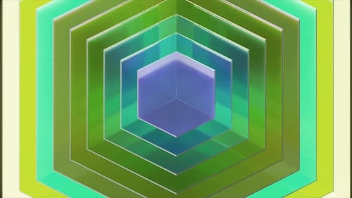 Green and Purple Hexagonal Glass Layers are Rotating on a Light Yellow and Turquoise Background Then
