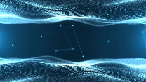 L'onde abstraite de particules et de points se déplace sur fond bleu, visualisation de données volumineuses