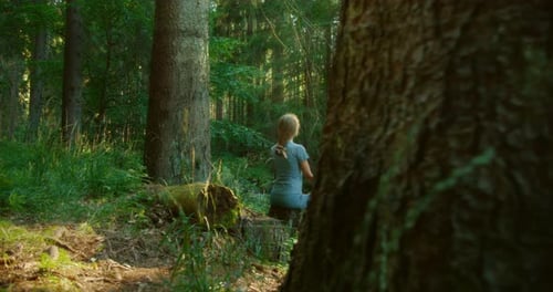 Woman in athletic wear sits in a meditative pose on a tree stump near a forest stream, surrounded by