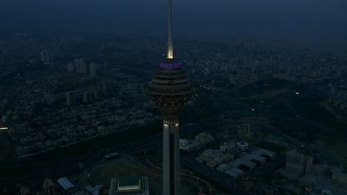 A night shot from a drone of the Milad Tower in the Iranian capital Tehran