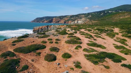 Drone Picturesque Coastal Nature Sunny Day Blue Ocean Splashing Under Coastline