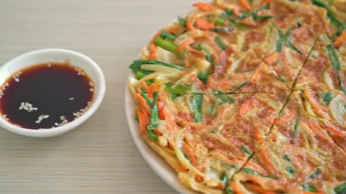 Korean Vegetable Pancake with Dipping Sauce Close-Up