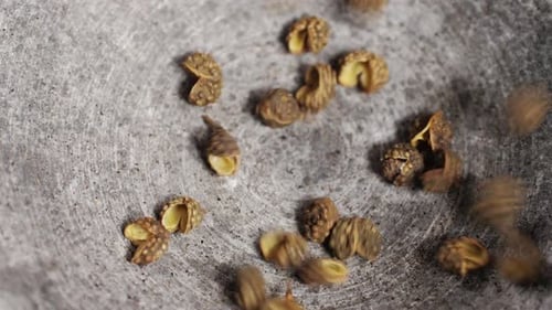 Dried Black Pepper Falling Down in Grey Plate Top View A Bunch of Natural Black Pepper Peas Hot