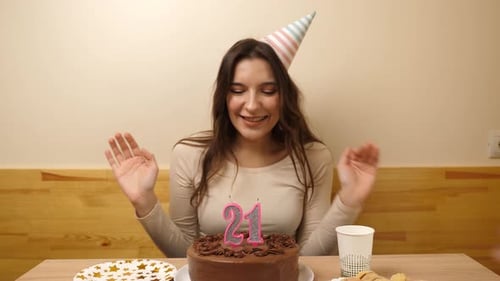 Excited Woman Celebrating Birthday With Chocolate Cake