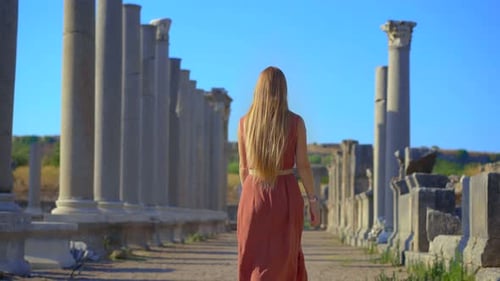 A Young Woman Visits the Remarkable Ruins of the Ancient City of Perge in Conteprorary City of