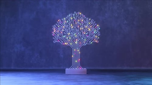 A Captivating 3D Circuit Tree Bathed in Neon Glow Stands Against a Moody Blue Background Symbolizing