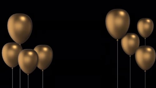 Golden balloons frame floating, flying and going up on alpha channel. Balloons rising in the air.