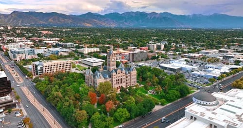 Salt Lake City and County Building surrounded by the green park.