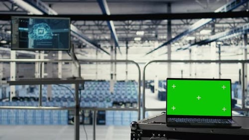 Primer plano de una computadora portátil con pantalla verde en un centro de servidores con hardware compatible con IA