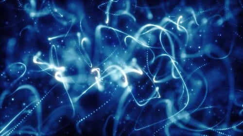 Abstract glowing blue fiber optic strands swirling in a dynamic digital network formation
