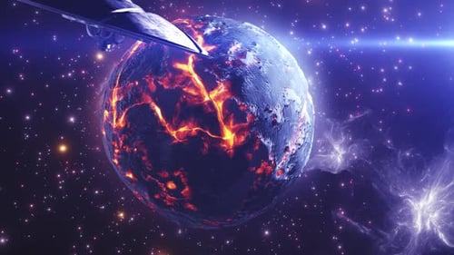 Ufo-Untertasse fliegt in der Nähe eines toten außerirdischen Planeten