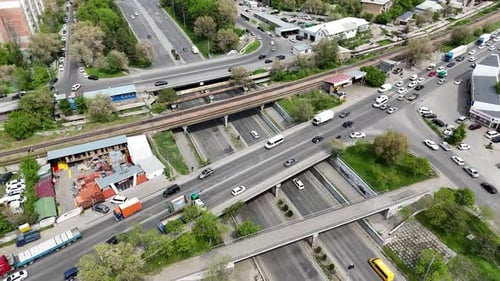 Aerial View of Busy Road Junction with Railway in Bishkek
