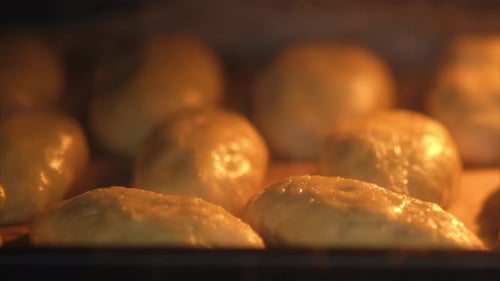 Bread rolls baking in the oven. Close-up shot of freshly baked bread. Food preparation and bakery co