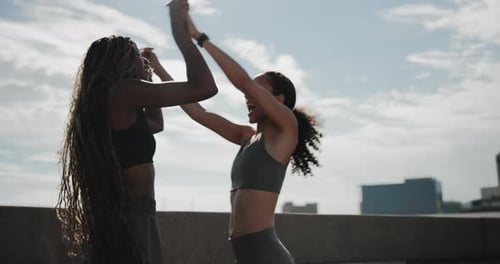 Smile, athlete and high five with women outdoor for fitness, exercise success and celebration
