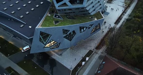 Top Drone shot of a abstract building with Intressting architecture