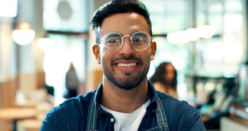 Happiness, face and coffee shop man, cafe waiter or barista with career smile