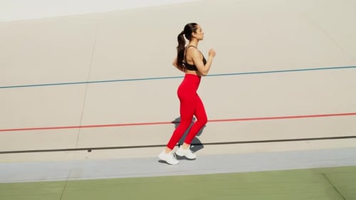 Fit woman jogging on modern stadium track on a sunny summer day