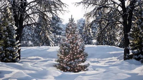 Hermoso árbol de Navidad decorado en un paisaje nevado de invierno