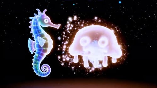 Glowing seahorse and jellyfish in starry night space