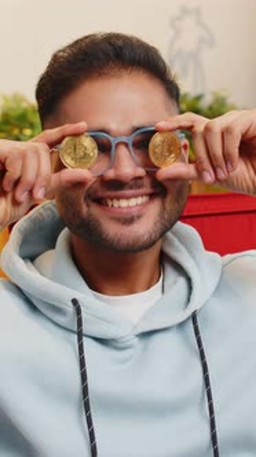 Indian Man Stock Trader Earning Bitcoins Online Monitoring Trading Operations Mining Hold BTC Coins