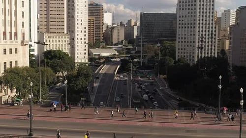 Vista aérea do Vale do Anhangabaú e dos edifícios, centro de São Paulo, Brasil