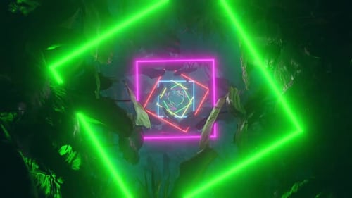 Vibrant neon squares frame lush tropical foliage tunnel effect
