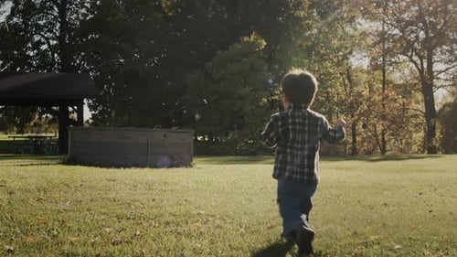 An Active Kid Runs Through a Green Meadow on a Clear Autumn Day