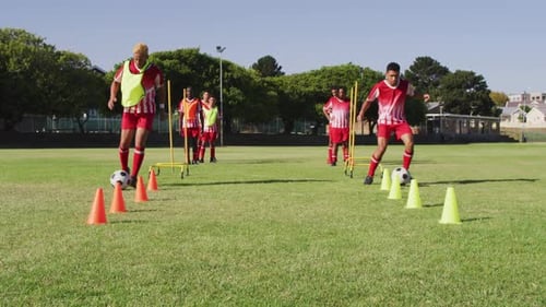 Video of diverse group of male football players warming up on field,running and kicking ball