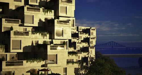 El diseño arquitectónico moderno muestra una vida sostenible cerca de un río