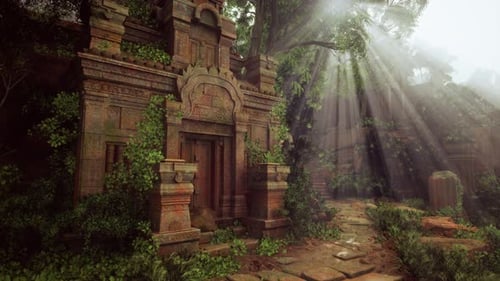 A Painting of a Path Through a Forest With Ruins of an Ancient Temple