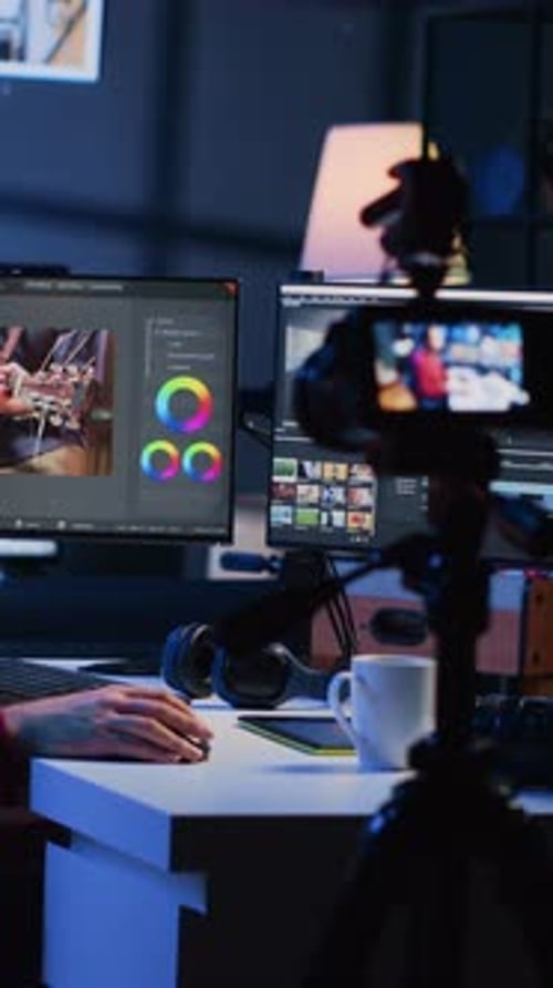 Male Content Creator Filming Video in Dark Room