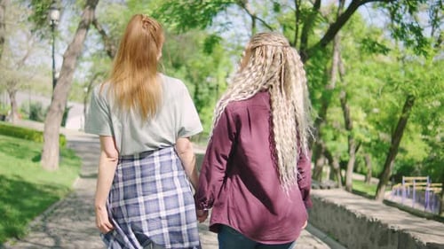 Happy Two Lesbian Woman Couple Holding Hands and Walking in the Park