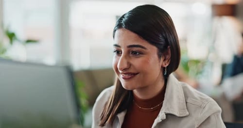 Computer, face and happy with business woman in office for administration, report or research