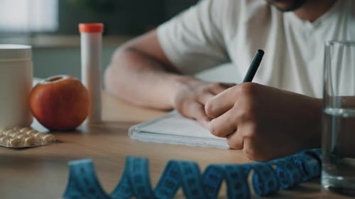 Close Up Unrecognizable Man Nutritionist at Table Writing Prescription Sport Fitness Diet on Paper