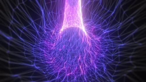 Glowing purple wireframe mesh forming a spiraling node of digital energy