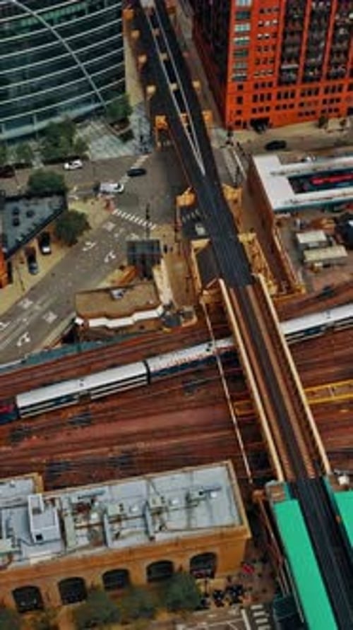 Aerial view of Chicago's elevated train tracks and urban landscape