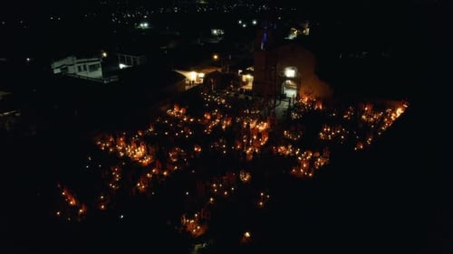 Aerial view of cemetery during the Day of the dead, Arocutin, Michoacan, Mexico